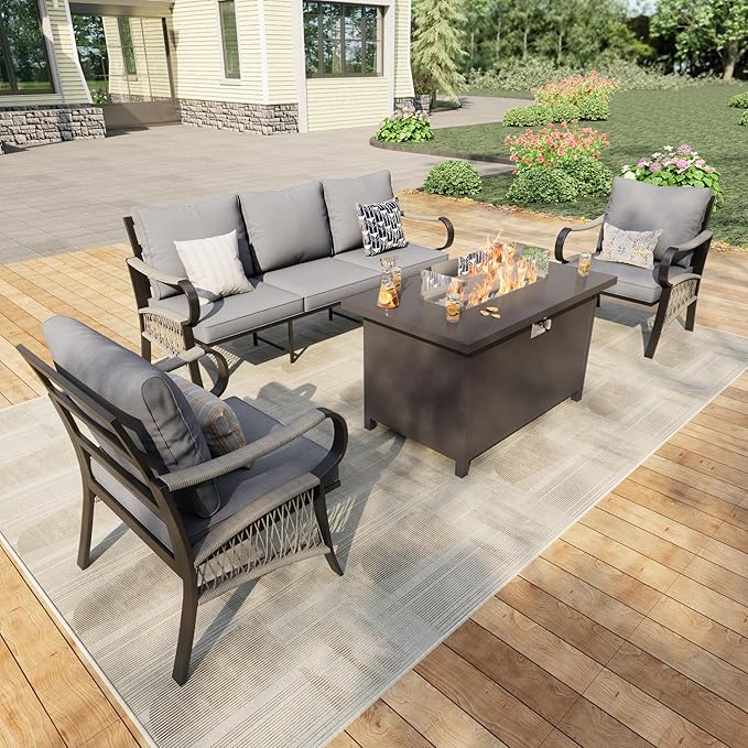4 Pieces Patio Conversation Sets, All Weather Metal Outdoor Furniture Set 3-Seater 2 Single Chairs with Fire Pit Table for Backyard Garden Deck Porch Poolside, Gray