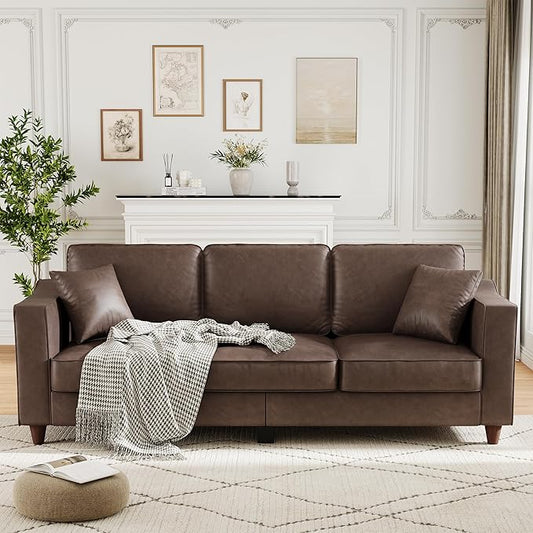 Faux Leather Couch with 2 Throw Pillows, Sofa Couches for Living Room, 3 Seater Sofa with Wide Armrests, Wood Legs, Deep Seats, Back Cushion, Sturdy Support Feet, for Office, Living Room, Dark Brown