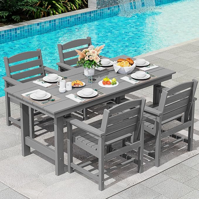 SERWALL Modern Patio Dining Set, 5-Piece Rectangular HDPE Dining Table with Umbrella Hole & 4 Chairs, Grey by SERWALL