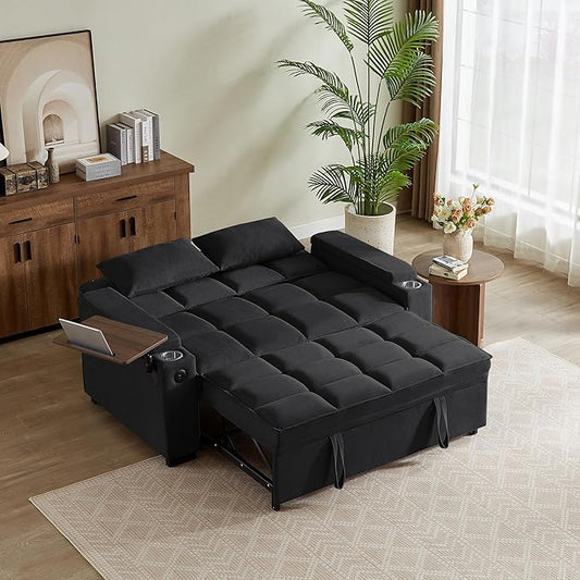 Eafurn Convertible Sleeper Sofa Bed with 360° Swivel Table & USB Ports, Tufted Chenille Loveseat Pull-Out Couch with Storage Armrest & Cup Holders, 6-Level Adjustable Backrest