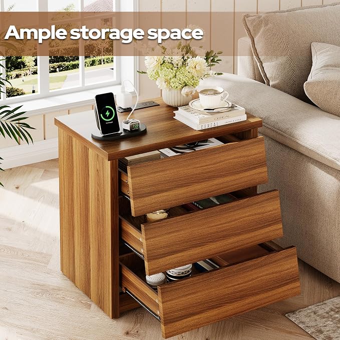 23" Wide Nightstand with Charger Station, Modern Night Stand with 3 Drawers, Wood End Table with USB Ports and Outlets, Storage Bedsides Table for Bedroom, Hallway (Walnut) - Image 3