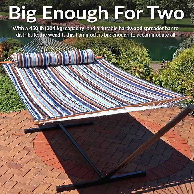 Sunnydaze Quilted Double Hammock for Outside with Spreader Bars and Pillow - 450 lb Capacity, 74x55 Inch Bed, UV Resistant, Quick Dry - Chains Included, Stand Sold Separately - Ocean Isle - Image 6