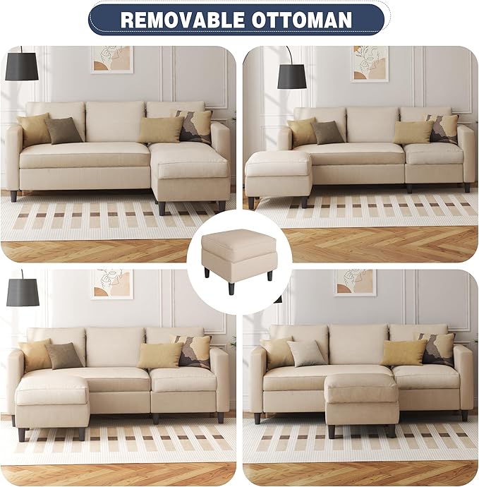 Shintenchi Small Sectional Sofa Couches,L Shape Convertible Sofa with Ottoman,3 Seat Comfy Corduroy Upholstered Sofa Couch,Small Couch for Apartment,Living Room and Office(Beige)