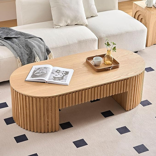 Oak Oval Coffee Table with Storage for Living Room 51.18" Wooden Fluted Coffee Table with Drawer Modern Handcrafted Centre Table Easy Assembly