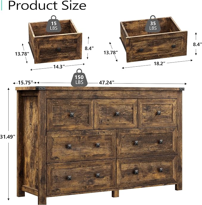 Dresser for Bedroom with 7 Drawers, Farmhouse Wood Chest of Drawers, Wide TV Stand Closet Storage Furniture with Metal Handle, Modern Clothes Organizer for Hallway, Living Room, Entryway, Brown - Image 3