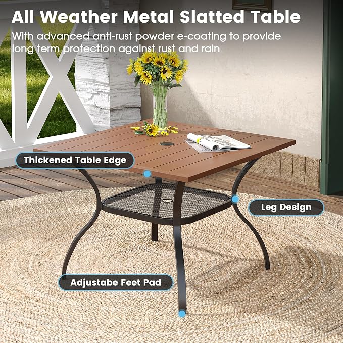 DIFY 5 Pieces Outdoor Dining Table Chair Set, Patio Dining Set with 1 Walnut Square Curved Legs Table with and Umbrella Hole & 4 Brown Stackable with Armrests Chairs for Lawn, Garden, Porch - Image 3