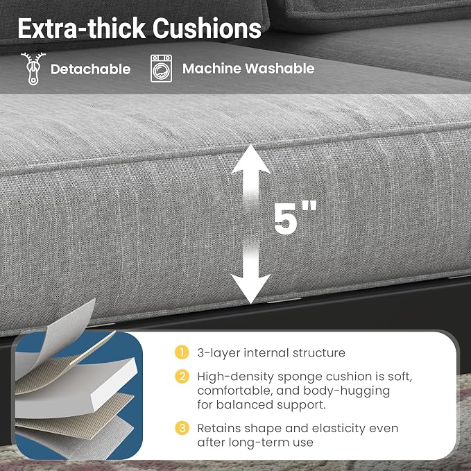 Solaste Aluminum Outdoor Patio Furniture Set, 5 Seats Patio Sectional Sofa with 5" Thick Cushion, Outdoor Patio Set with Coffee Table for Porch, Yard, Backyard, Deck, Light Grey - Image 5