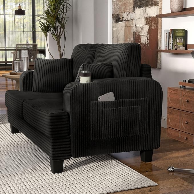 Homes: Inside + Out Reese Modern Plush Chenille Comfortable Loveseat with Side Pockets, Cup Holders and Pillows, Wooden Soft Couch for Living Room, Bedroom and Office, Black