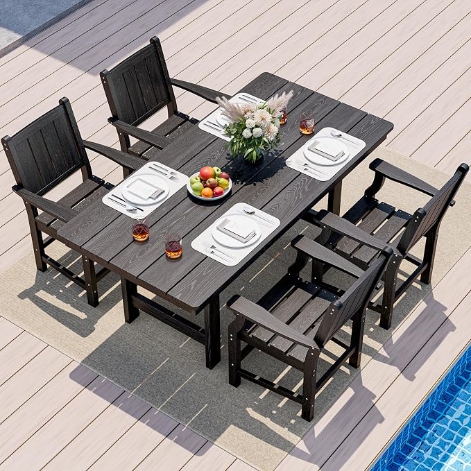 Pamapic 5-Piece Outdoor Dining Set, HDPE Outdoor Rectangular Table and 4 Chairs, Wood Grain Patio Furniture Sets with Armrest, All-Weather Patio Dining Table with Umbrella Hole, Black by Pamapic