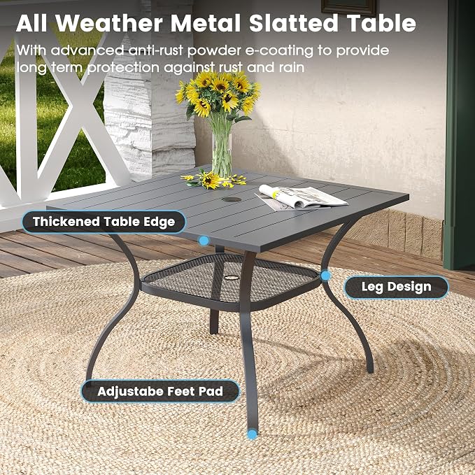 DIFY 5 Pieces Outdoor Dining Table Chair Set, Patio Dining Set with 1 Grey Square Curved Legs Table with and Umbrella Hole & 4 Grey Stackable with Armrests Chairs for Lawn, Garden, Porch - Image 4