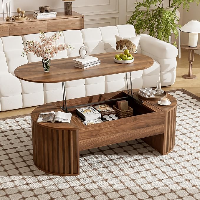Oval Coffee Table with Lifting Top for Living Room Smart Coffee Table with Storage Mid Century Modern Coffee Tables with Adjustable Lift Top Coffee Tables Fluted Walnut 47.2"