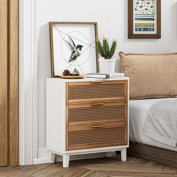 COZAYH Farmhouse 3-Drawer Nightstand, Rattan Cane Front Accent Dresser with Brass Pull, Distressed White - Image 3