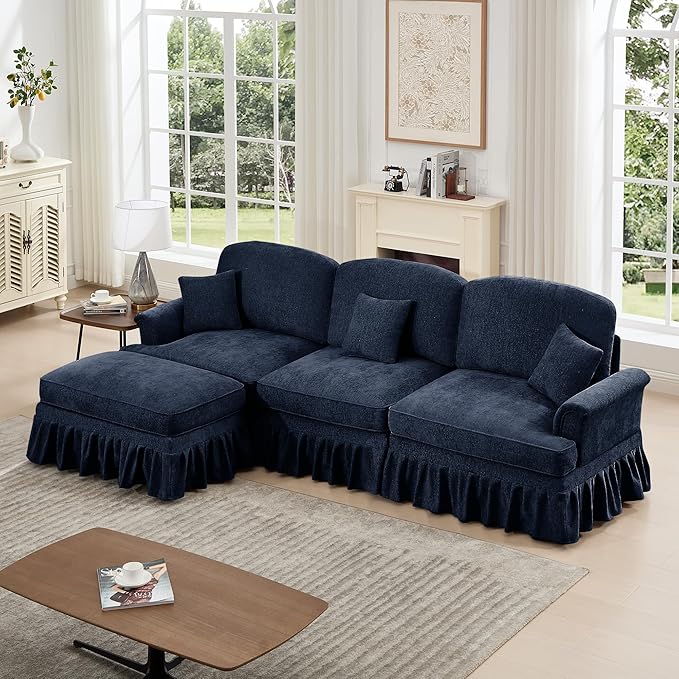 KEIKI Mid Century Modular Sofa with Flared Arms and Skirted Design, 107” Oversized 3-Seater with Ottoman Luxury Chenille L-Shaped Sectional Couches for Living Room, Chaise Lounge Indoor, Blue