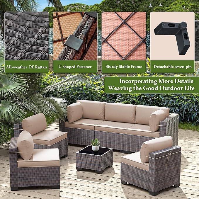 14 Pieces Outdoor Patio Furniture Set,Outdoor Sectional Furniture All Weather PE Rattan Wicker Patio Conversation Set with 2 Coffee Tables and 12 Thickened Cushions,Sand
