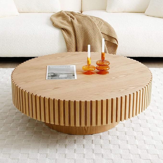 WILLIAMSPACE 31.49" Oak Round Coffee Table, Modern Luxury Wood Circle Drum Center Table for Living Room, Accent Side Table End Table for Apartment, ø31.49'' x 13.77''H (Oak)