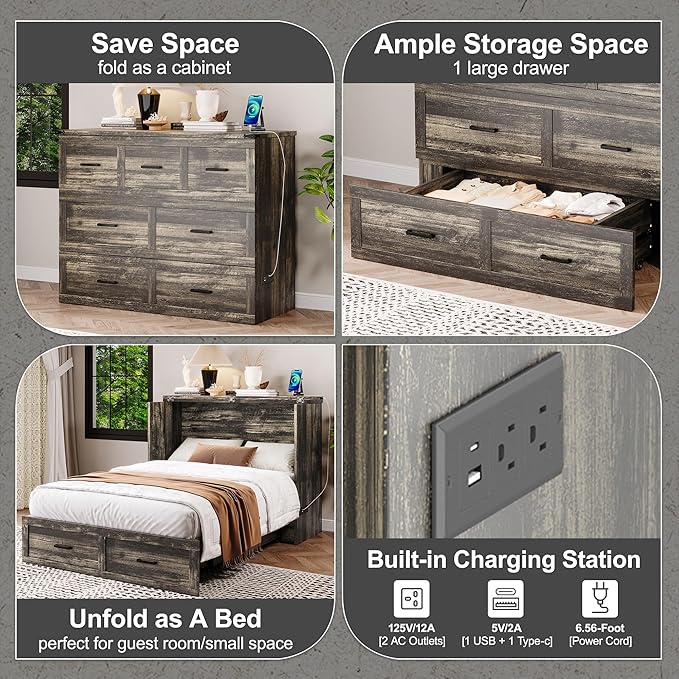 Bellemave Full Size Murphy Bed, Cabinet Bed with Charging Station and 1 Large Storage Drawer, Farmhouse Murphy Cabinet with Foldable Panel, Noisy Free, for Guest Bedroom, Living Room, Rustic Gray
