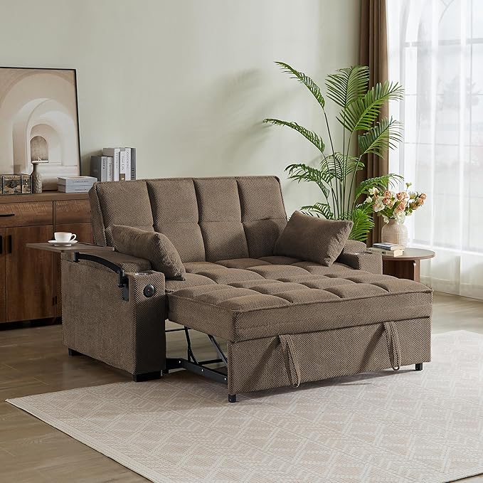 Eafurn Convertible Sleeper Sofa Bed with 360° Swivel Table & USB Ports, Tufted Chenille Loveseat Pull-Out Couch with Storage Armrest & Cup Holders, 6-Level Adjustable Backrest