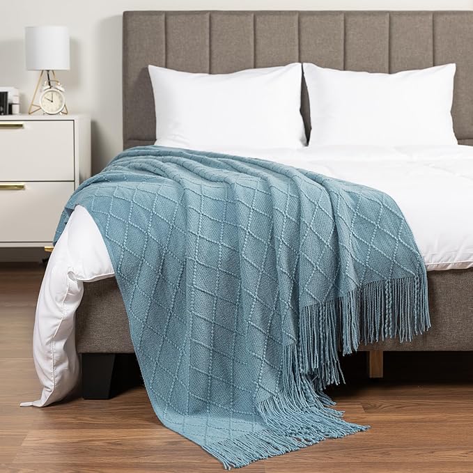 PAVILIA Dusty Blue Knit Throw Blanket for Couch, Twin Bed, Soft Knitted Farmhouse Sofa Throw for Living Room, Lightweight Decorative Summer Blanket for Chair, Outdoor Textured Boho Blanket, 60x80
