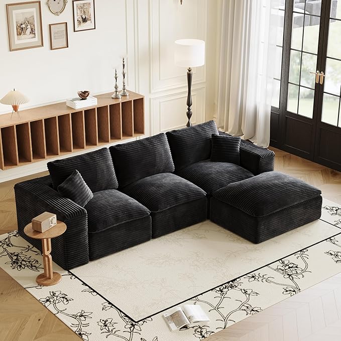 Ball & Cast 108" Cloud Sectional Couches for Living Room,Convertible L Shaped Couch with Deap Seat & Movable Ottoman,3 Seater Modular Sectional Sofa,Free Combination,No Assembly Required,Black