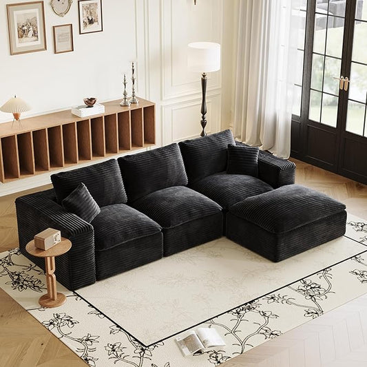 Ball & Cast 108" Cloud Sectional Couches for Living Room,Convertible L Shaped Couch with Deap Seat & Movable Ottoman,3 Seater Modular Sectional Sofa,Free Combination,No Assembly Required,Black