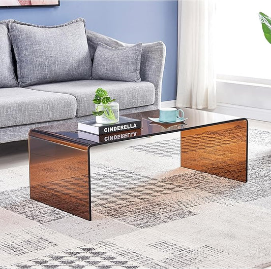 Glass Coffee Table, Modern Amber Coffee Tables for Living Room, Small Rectangle Tempered Glass Waterfall Sofa End Table, 39.4" x 19.7" x 13.78“