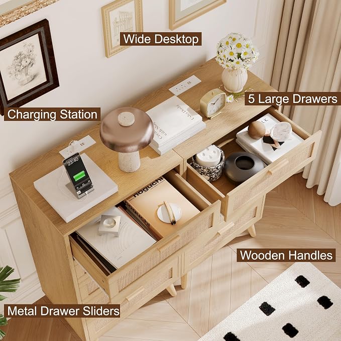 Rovaurx Modern 5 Drawer Dresser for Bedroom, 42.7" Tall Rattan Chest of Dressers with Charging Station, Dresser Chest with Wooden Handles, Beside Table for Closet, Living Room and Entryway, Natural - Image 6