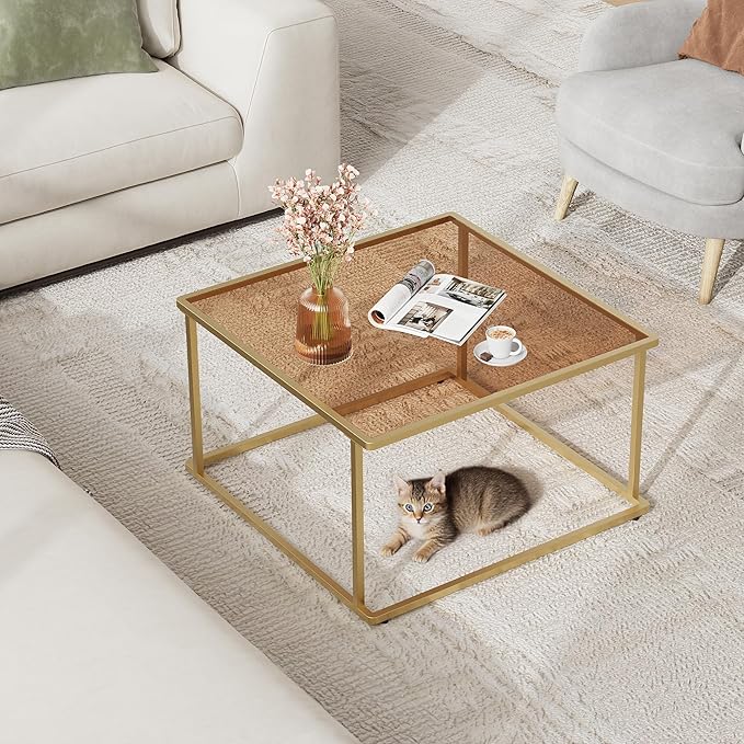 WLIVE Coffee Table, Glass Coffee Table for Living Room, Modern Small Coffee Table with Tempered Glass & Metal Frame, Square Center Table for Small Spaces Apartment, Office, 26.4 x 26.4in, Gold