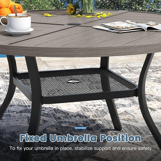 DIFY Patio Dining Set for 6, 7 Piece Outdoor Table and Chairs Set, 47.2" Grey Wood-Like Round Metal Patio Dining Table and 6 Grey Textilene Stackable Patio Chairs, for Backyard Garden Poolside - Image 4