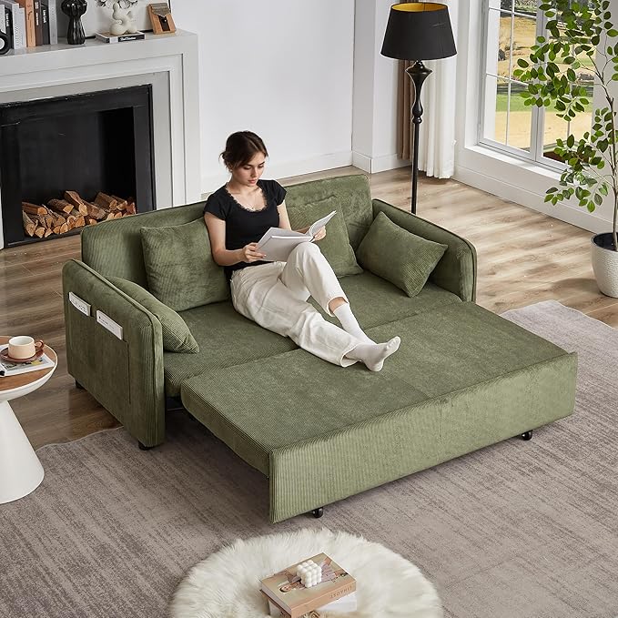 Ball & Cast 66" Convertible Sofa Bed,3-in-1 Corduroy Loveseat Sleeper Pull Out Couch Bed with Pillows and Side Pockets, Deep Seat Comfy Sofa Couches for Living Room,Apartment,Green