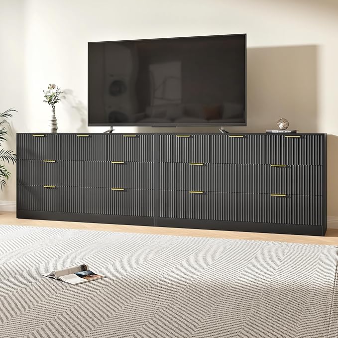 Black Dresser Set of 2, Large Dresser for Bedroom Wooden with 14 Drawers, Fluted Modern Bedroom Furniture Set, TV Stand Dressers & Chests of Drawers for Closet (15.7"D x 110.2"W x 31.8"H)