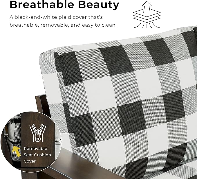 Furniture of America Gavik Modern Solid Wood Arm Chair with Plaid Removable Cushions, Black and White Upholstery Fabric, Comfortable Upholstered Seating for Living Room, Guest Room, Dark Walnut