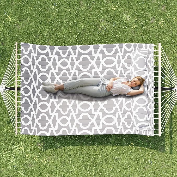 Double Hammock with Stand for 2 Person, Outdoor Freestanding Hammock Bed with 475lb Capacity - Heavy Duty Steel Frame, Quilted Pillow & Portable Carry Bag, Easy Assembly, Light Gray - Image 7