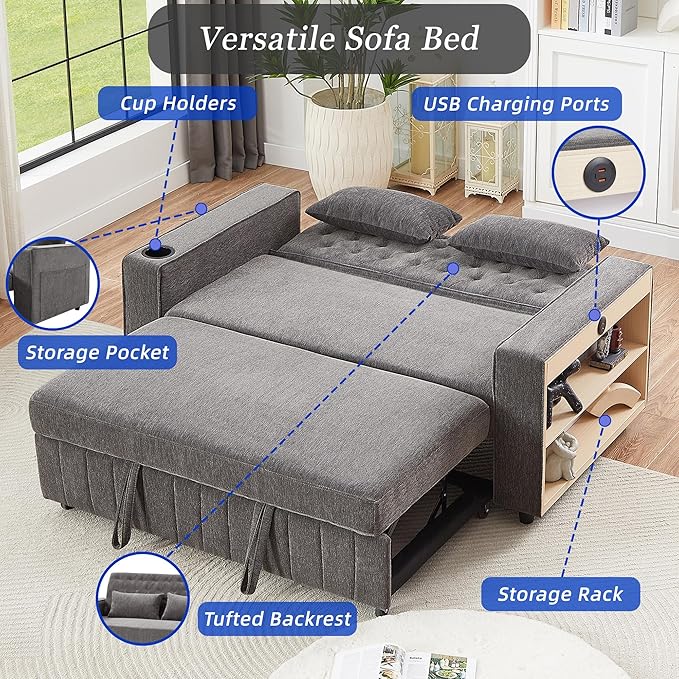 Merax Pull-Out Sleeper Sofa Bed with Reversible Backrest and Two Throw Pillows, 3 in 1 Foton Couch with USB Ports & Cup Holder, Chenille Loveseat with Storage Shelves for Living Room, Grey