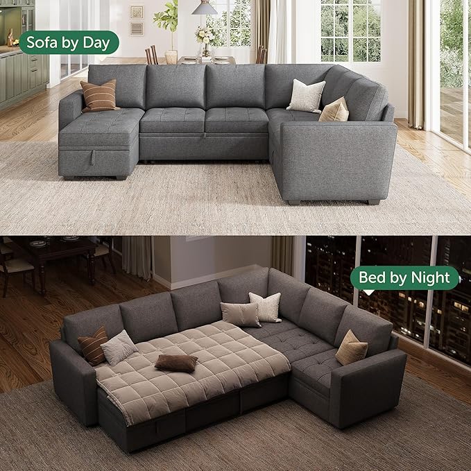 HONBAY Modular Sectional Couch with Pull Out Bed Sleeper Sofa with Storage U Shaped Modular Sectional Couches for Living Room,Mid Grey