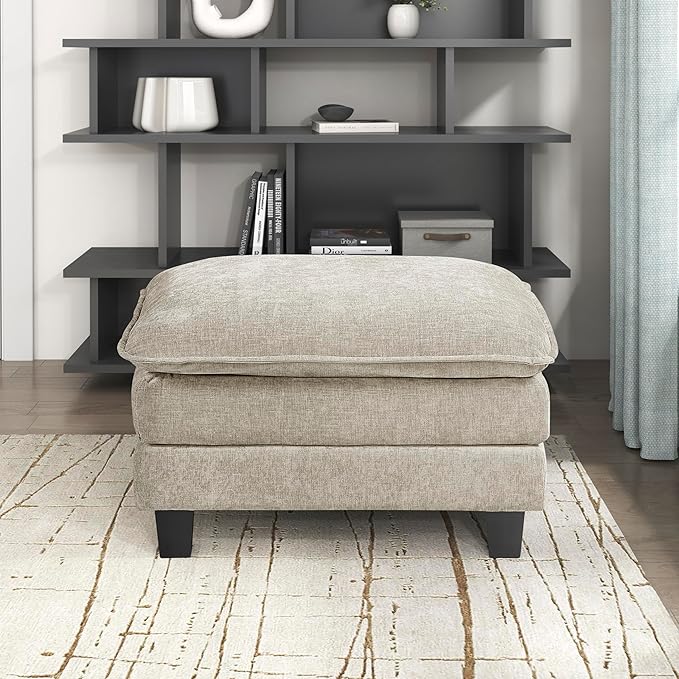 Lexicon Chenille Upholstered Rectangle Ottoman, Foot Stool, Black Faux Wood Feet, Durable Frame, Large Padded, Modular Sectional Couch Add Ons for Living Room, Bedroom, Assembly Required, Light Taupe