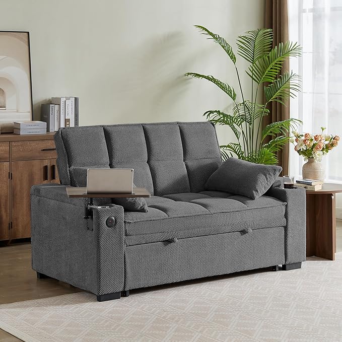 Eafurn Convertible Sleeper Sofa Bed with 360° Swivel Table & USB Ports, Tufted Chenille Loveseat Pull-Out Couch with Storage Armrest & Cup Holders, 6-Level Adjustable Backrest