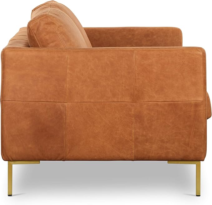 Poly & BARK Calle 75" Apartment Sofa, Full-Grain Pure-Aniline Italian Leather, Cognac Tan, Brass Legs