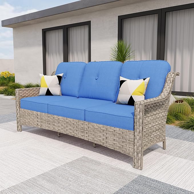 HOOOWOOO Patio Couch,Outdoor Wicker 3 Seater Sofa,All Weather Resistant High Back Rattan Deck Matching Furniture(Diamond Blue)