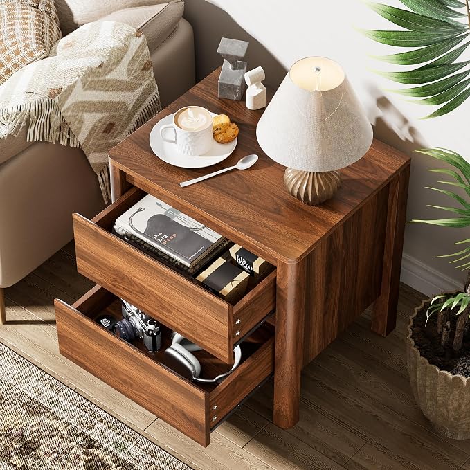Furniway Mid Century Walnut Nightstand with 2 Drawers, Modern Wooden Bedside Table with Hidden Handles and Solid Wood Legs for Bedroom - Image 5