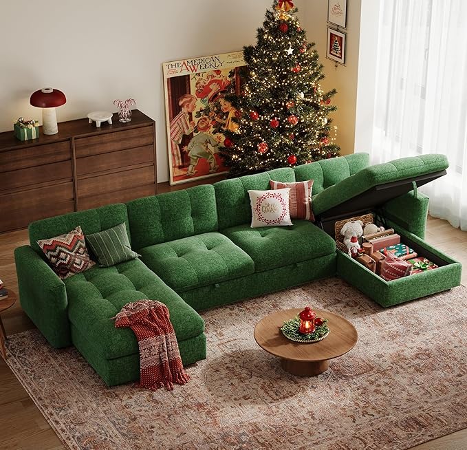 152" Oversized Modular Sofa with Storage, U Shaped Sectional Couch with Chaise and Adjustable Armrest, Comfy Chenille Cloud Couches for Living Room Apartment, Green