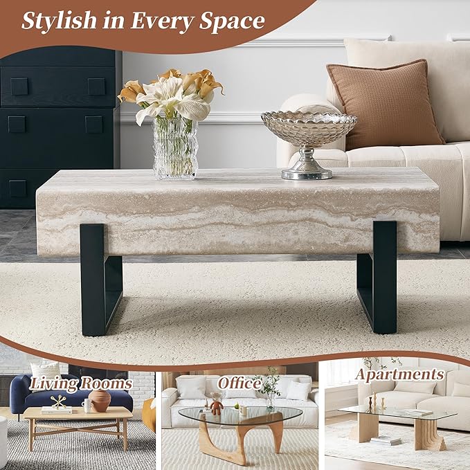 Modern Marble Coffee Table for Living Room Stone Travertine Coffee Tables Rectangle Center Table with Metal Legs