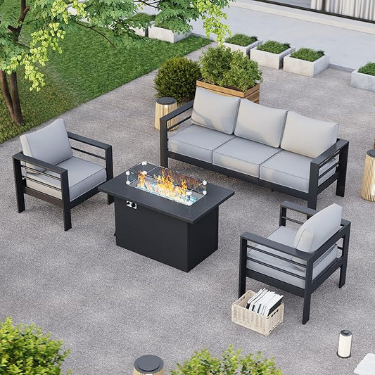 Aluminum Patio Furniture with Fire Pit Table, 6 Piece Outdoor Set, Waterproof Covers for Backyard Garden (Dark Grey & Light Grey)
