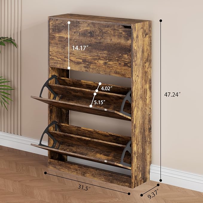 Shoe Storage Cabinet, Wood Shoe Organizer for Entryway with 3 Flip Drawers, Freestanding Shoe Rack w/h Adjustable Shelf,Narrow Shoe Dresser for Front Door Entrance(Brown, 47.2" x 31.5" x 9.25") - Image 2