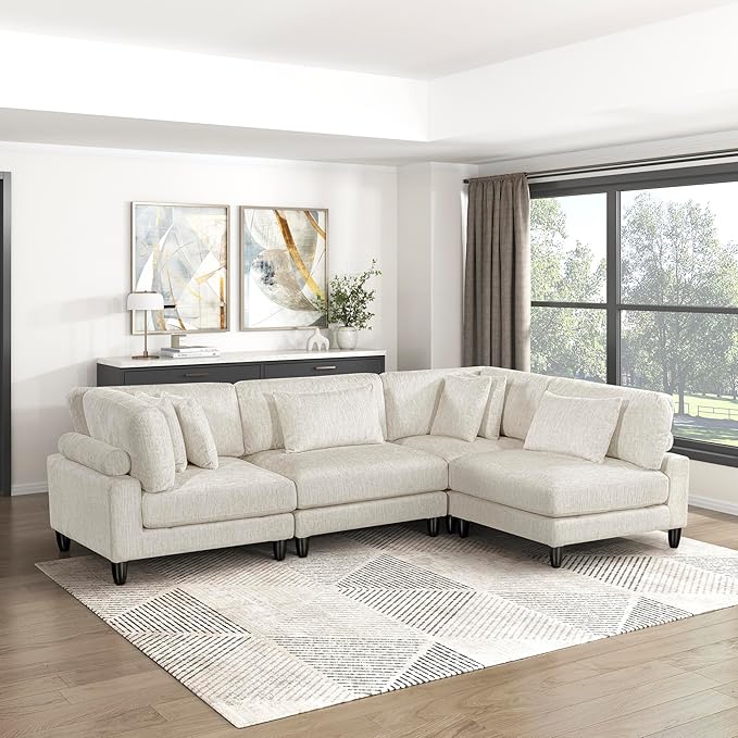 Lexicon 120 Inch Modular Sectional Sofa - Oversized 4 Seater Microfiber L Shaped Sectional Couch, 6 Accent Pillows, and Flexible Arrangement for Modern Living Rooms, Beige