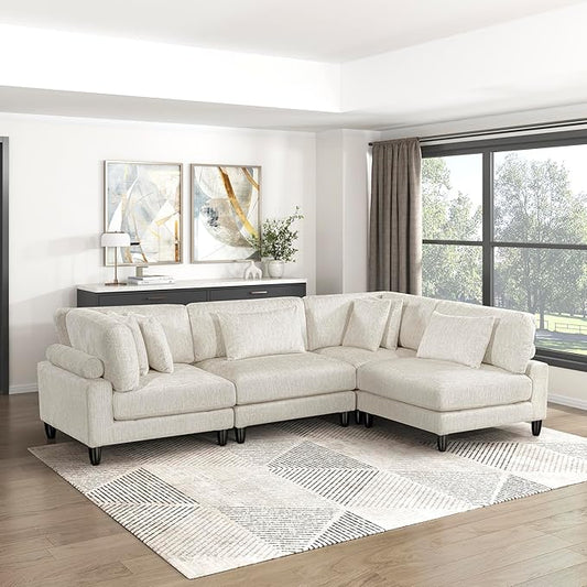 Lexicon 120 Inch Modular Sectional Sofa - Oversized 4 Seater Microfiber L Shaped Sectional Couch, 6 Accent Pillows, and Flexible Arrangement for Modern Living Rooms, Beige