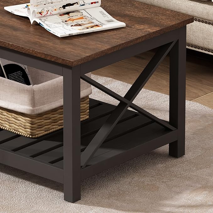 ChooChoo Coffee Table, Rustic Vintage Farmhouse Living Room Table with Shelf, 40 Black