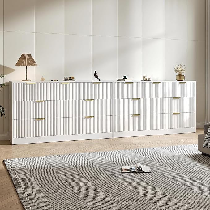 White Dresser Set of 2, Long Dresser for Bedroom Wooden with 14 Drawers, Fluted Modern Bedroom Furniture Set, TV Stand Dressers & Chests of Drawers for Closet (15.7"D x 110.2"W x 31.8"H)