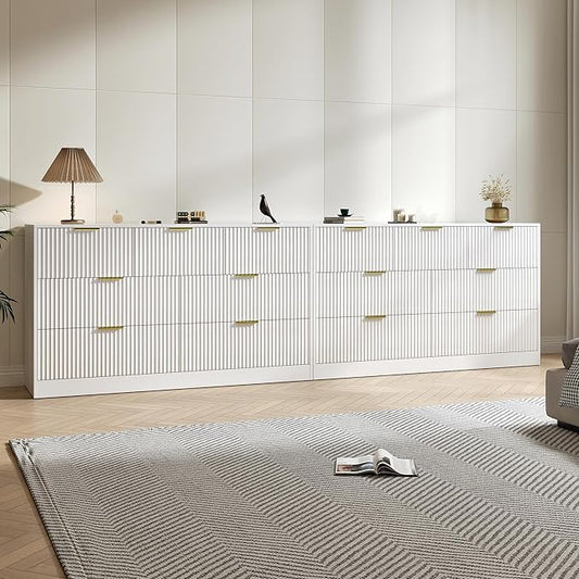 White Dresser Set of 2, Long Dresser for Bedroom Wooden with 14 Drawers, Fluted Modern Bedroom Furniture Set, TV Stand Dressers & Chests of Drawers for Closet (15.7"D x 110.2"W x 31.8"H)