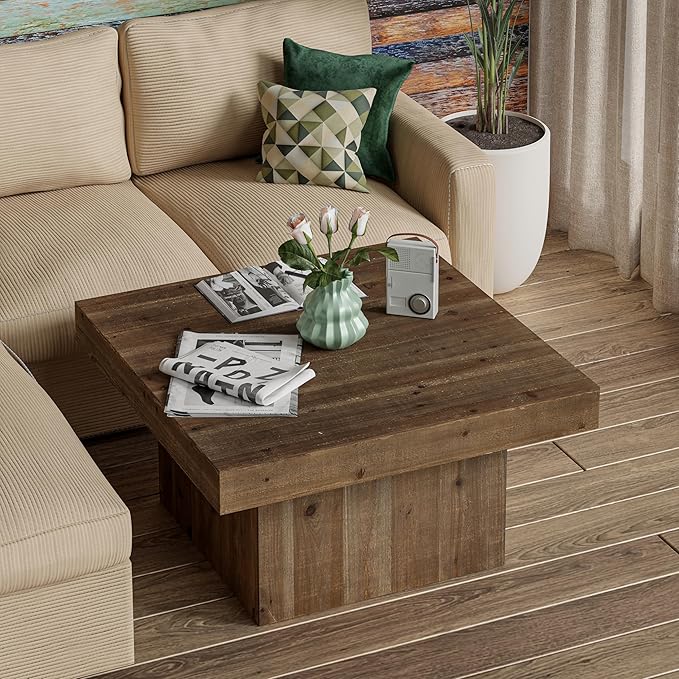 COZAYH Modern Farmhouse Wood Block Coffee Table, Rustic Square Table Chunk Table with Cubic Base for Family, Living Room, Lounge, Nature Wood Finish, Sturdy, Distressed, Rectangle