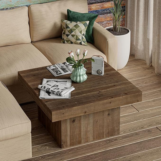 COZAYH Modern Farmhouse Wood Block Coffee Table, Rustic Square Table Chunk Table with Cubic Base for Family, Living Room, Lounge, Nature Wood Finish, Sturdy, Distressed, Rectangle